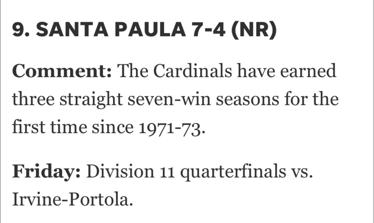 SPHS Football (@spcardsfootball) on Twitter photo It’s a great time to be a Cardinal. 7+ wins 3 years in a row for the first time in 50 years! SP looks to make more history tomorrow night at Jones Field. Come out and support them. <a href="/SPHSAthletics2/">SPHS Athletics</a> <a href="/SantaPaulaUSD/">Santa Paula Unified</a> <a href="/MichaelAMaguir1/">Michael A Maguire</a> <a href="/hector7zuniga_/">Hector</a> <a href="/jsmitty503to805/">Justin Smith</a> It’s a great time to be a Cardinal. 7+ wins 3 years in a row for the first time in 50 years! SP looks to make more history tomorrow night at Jones Field. Come out and support them. <a href="/SPHSAthletics2/">SPHS Athletics</a> <a href="/SantaPaulaUSD/">Santa Paula Unified</a> <a href="/MichaelAMaguir1/">Michael A Maguire</a> <a href="/hector7zuniga_/">Hector</a> <a href="/jsmitty503to805/">Justin Smith</a>
