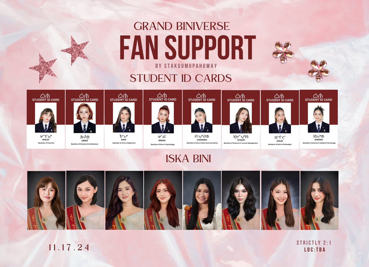 Here's all my fan support for gbv, para hindi na kayo mahirapang hanapin. 

See you tomorrow! 

- 1:1 ( 1 fs per person, so choose lang ang mga ferson) 
- Iska Bini and id card comes with random little bini keychain (laminated only)