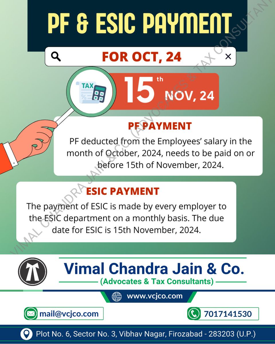 vcj_co's tweet photo. PF & ESIC
#ProvidentFund
#PFCompliance
#ESIC
#SocialSecurity
#EmployeeBenefits
#PFandESIC
#WelfareOfEmployees
#HRCompliance
#PFRegistration
#ESICBenefits
#vcjco #firozabad #agra #shikohabad #itr #refund #gst #gstregistration #tax #taxation #gstin #incometax #law #legal #lawfirm https://t.co/n5nuN1MC8p