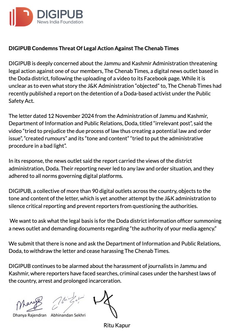 DigipubIndia's tweet image. DIGIPUB Condemns Threat Of Legal Action Against The Chenab Times