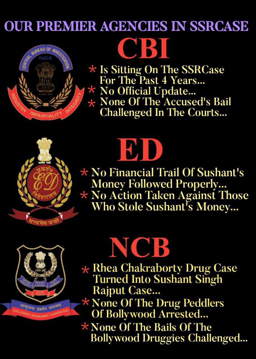 If You Think We Will Leave One Day n This Case Will Die…

You Are Wrong!!!

We Aren’t Leaving Until <a href="/CBIHeadquarters/">Central Bureau of Investigation (India)</a> <a href="/dir_ed/">ED</a>  <a href="/narcoticsbureau/">NCB INDIA</a> Submit  Their Chargesheets!!!

We Aren’t Leaving Until Sushant Singh Rajput Gets Justice!!!

We Wont Stop Asking Questions!!!

We Want