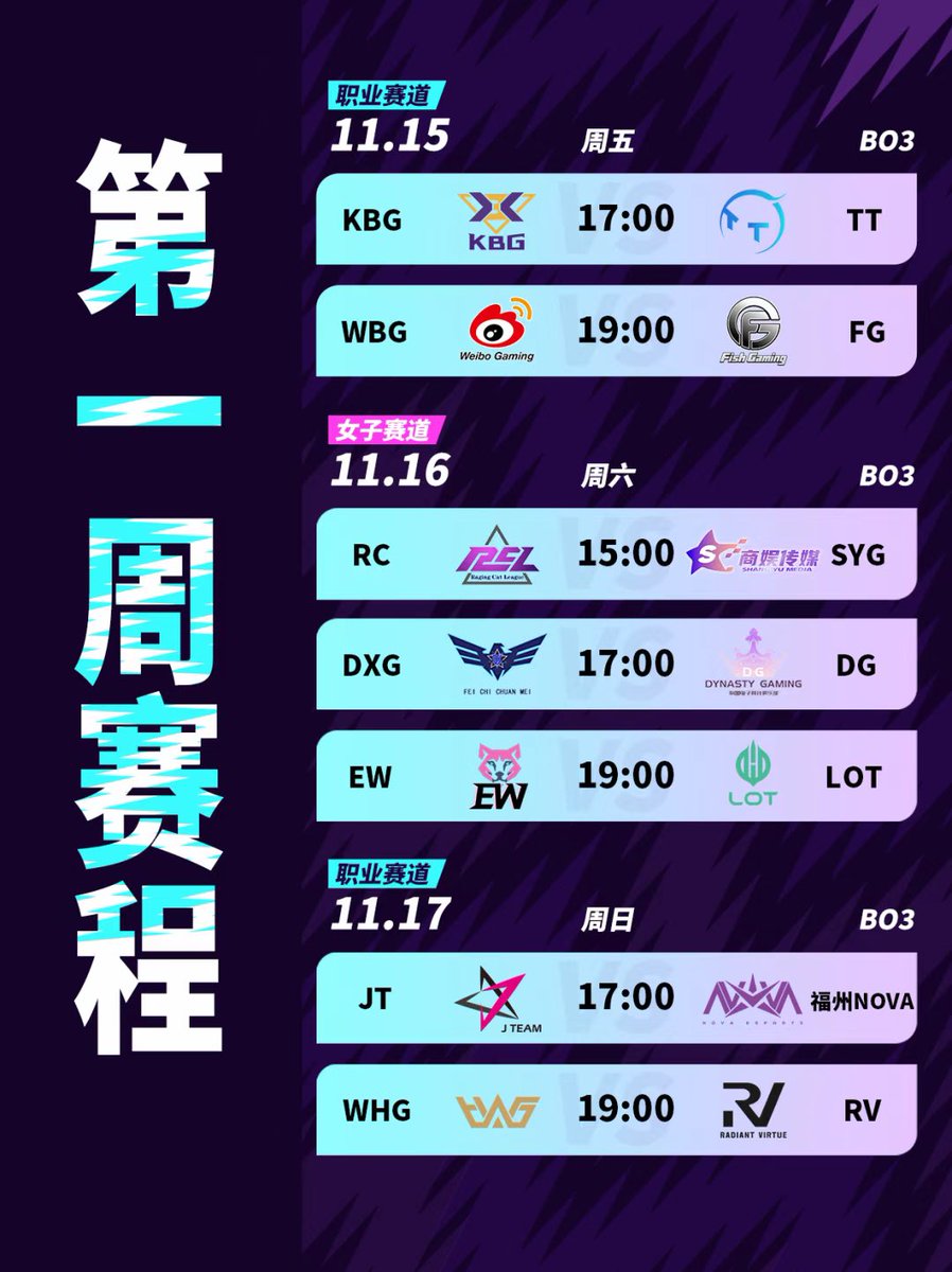 Date: Beijing Time November 16th 7pm. 
Team name: Evil Women (WE)
Some possible streaming links:
wrl.qq.com
m.huya.com/660692
b23.tv/YUEmrS6
m.douyu.com/33?dyshid=0-a5…