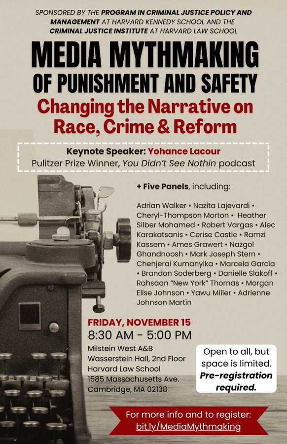 If anyone's in or near Cambridge, there is this FREE (though RSVP-required) conference tomorrow. I'm speaking along with a lot of amazing folks. 

"Media Mythmaking of Punishment and Safety: Changing the Narrative on Race, Crime &amp; Reform"

hks.harvard.edu/centers/wiener…