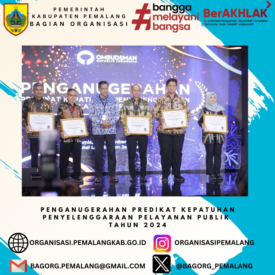 Kamis 14 November 2024,Pemerintah Kabupaten Pemalang menerima penghargaan penganugerahan predikat kepatuhan penyelenggaraan pelayanan publik Tahun 2024 dari Ombudsman RI dengan peringkat ke 8 Nasional dengan Nilai 98,59 Zona Hijau predikat tertinggi