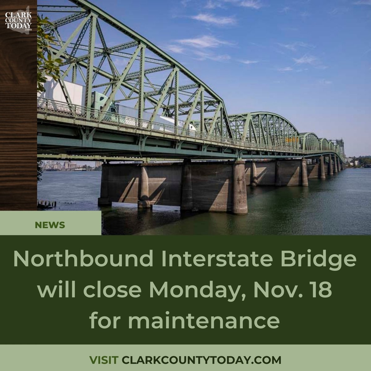 NewsFromCCT's tweet image. 🚧 Heads up! The northbound lanes of the Interstate Bridge will close Nov. 18 from 10 p.m. to 5 a.m. for maintenance. Use I-84 to I-205 as a detour. clarkcountytoday.com/news/northboun… #InterstateBridge #Vancouver #ClarkCountyWa