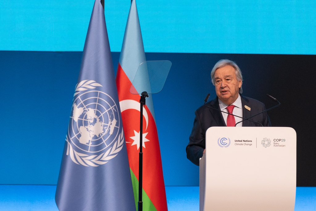 JonathanClimate's tweet photo. “The climate emergency is a story of avoidable injustice.

The rich cause the problem, the poor pay the highest price.”

At #COP29, @antonioguterres  calls for climate justice, #FixtheFinance to save #humanity 

#Faiths4Climate @greenfaithworld @GreenFaith_Afr @COP29_AZ https://t.co/lcoKBMUiX8