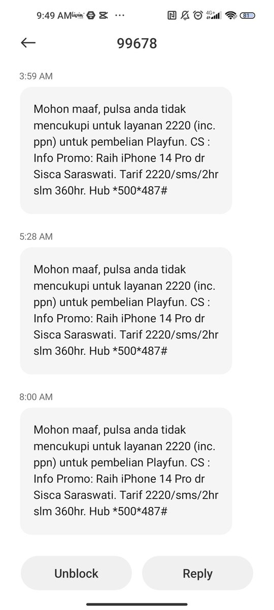 deiraf_rs's tweet photo. @Telkomsel Pagi min, beberapa hari ini saya selalu menerima sms dr no 99345 &amp; 99678 yang menyedot pulsa sebesar 2200 per sekali transaksi nya. Mohon bagaimana cara block &amp; menghentikan sms tersebut. https://t.co/qhUbJHGUAd