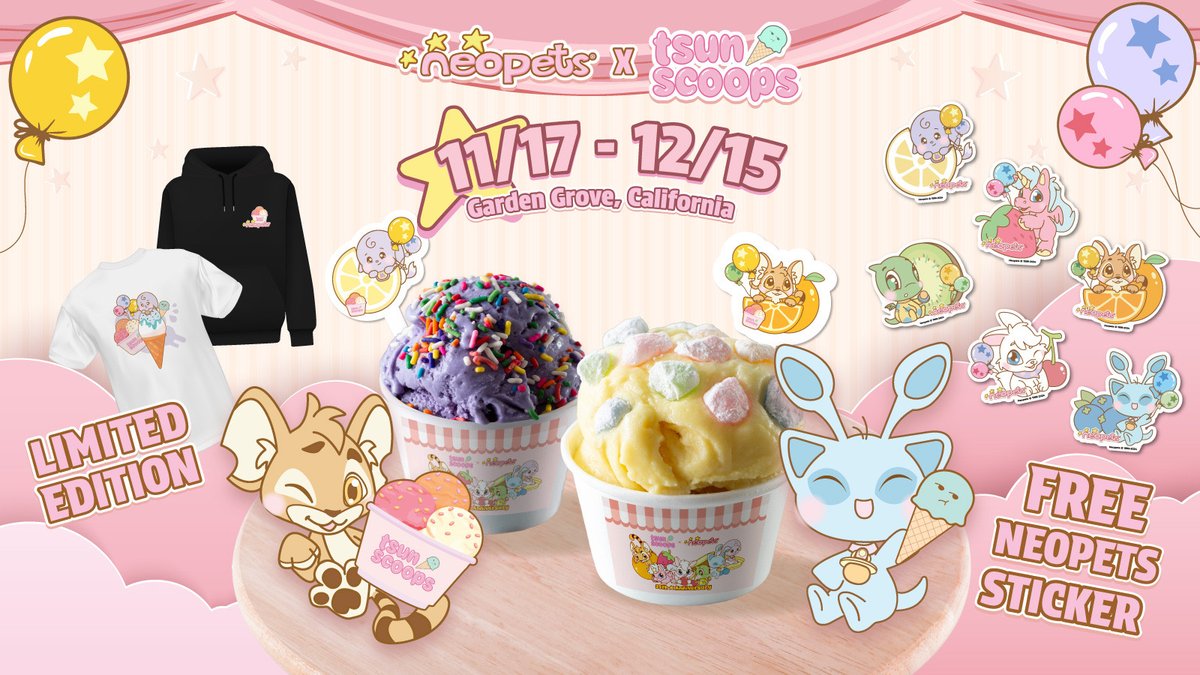 Neopets's tweet photo. 🍦 Get ready for a sweet 🍭 adventure, Neopians! Neopets is teaming up with @tsunscoops for an exclusive pop-up experience you won’t want to miss! ��

📍 Where: Tsun Scoops, Garden Grove, California
📅 When: November 17th - December 15th

Indulge in Neopets-themed ice cream cups and spoons, and score a free Baby Fruit Neopets sticker with any ice cream purchase! 🍨🍓 Plus, don’t miss out on our limited-edition hoodies and T-shirts for sale – perfect for showing off your Neopian pride.

Join us for this cool ❄️ collab and make your Neopets heart (and taste buds) sing! 🦄
 #NeopetsXTsunScoops #Neopets