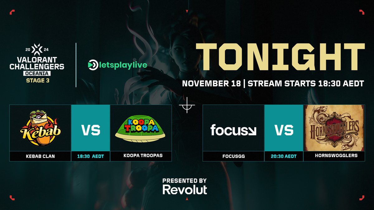 LPL Esports (@letsplaylivegg) on Twitter photo Tune in TONIGHT for the FIRST DAY of the VCT OCE 2024 Stage 3 Playoffs, presented by Revolut!
@kebabclanval 🆚 <a href="/KoopaTroopasVal/">Koopa Troopas</a>
<a href="/FOCUSGGAU/">FOCUS®</a> 🆚 <a href="/HornswogglersVL/">Hornswogglers</a>
⏰ 18:30 AEDT
📺 lplgg.co/VCT-STAGE-3
🎙️ <a href="/ConkyOCE/">Mitch</a> <a href="/KomodoAU/">Dion</a>
#VCT | #Revolut Tune in TONIGHT for the FIRST DAY of the VCT OCE 2024 Stage 3 Playoffs, presented by Revolut!
@kebabclanval 🆚 <a href="/KoopaTroopasVal/">Koopa Troopas</a>
<a href="/FOCUSGGAU/">FOCUS®</a> 🆚 <a href="/HornswogglersVL/">Hornswogglers</a>
⏰ 18:30 AEDT
📺 lplgg.co/VCT-STAGE-3
🎙️ <a href="/ConkyOCE/">Mitch</a> <a href="/KomodoAU/">Dion</a>
#VCT | #Revolut