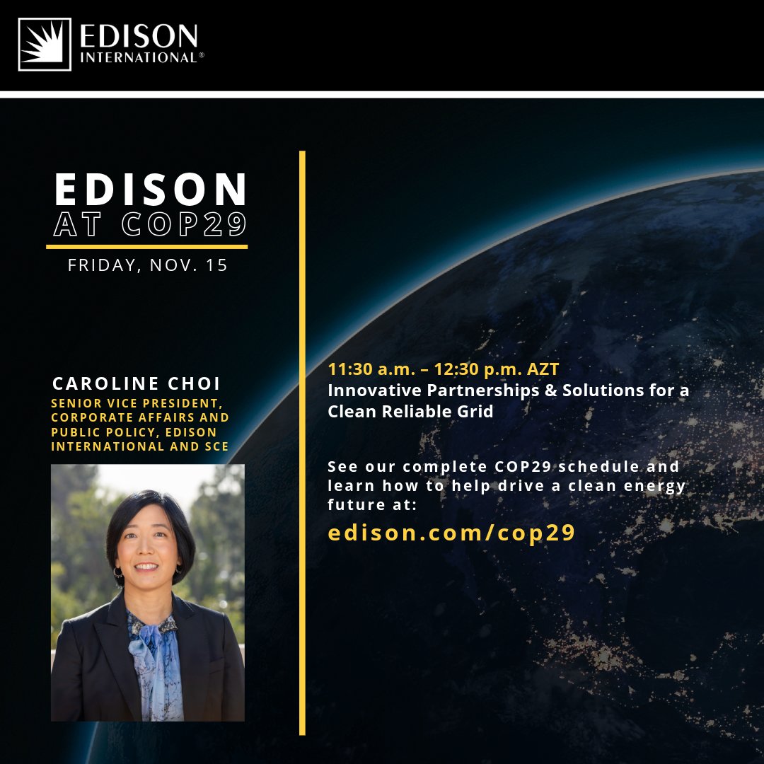 Edison International (@edisonintl) on Twitter photo Discussions at #COP29: 🌍 <a href="/edisonintl/">Edison International</a> and @sce’s <a href="/CarolineChoi/">Caroline Choi</a> talks about strategies for achieving net zero goals and building the grid of the future in a session hosted by <a href="/americaisallin/">America Is All In</a>. Learn more: edison.com/cop29 #NetZeroBy2045 Discussions at #COP29: 🌍 <a href="/edisonintl/">Edison International</a> and @sce’s <a href="/CarolineChoi/">Caroline Choi</a> talks about strategies for achieving net zero goals and building the grid of the future in a session hosted by <a href="/americaisallin/">America Is All In</a>. Learn more: edison.com/cop29 #NetZeroBy2045