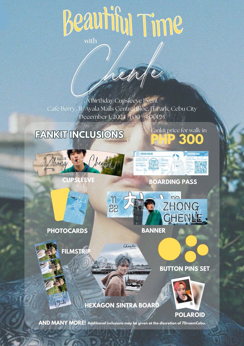 7dreamcebu's tweet image. It's D-16 'til #BeautifulTimeWithCHENLE ☺️🌟

Here's a sneak peek of the inclusions you'll get at the event! ✨ We can't wait to celebrate Lele's bday with you guys 🩵

📍Cafe Berry, 3F Ayala Malls Central Bloc, IT Park, Cebu City

DM us @7dreamcebu for more inquiries 🫶🏼