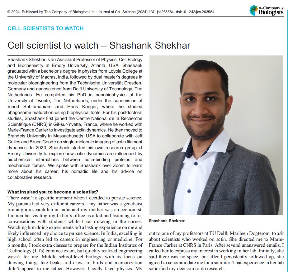 Shekhar lab (@sshekhr) on Twitter photo Excited and honored to be named 'Cell Scientist to Watch' by Journal of Cell Science <a href="/J_Cell_Sci/">J Cell Science</a>
Thanks <a href="/smoraisdasilva/">Sara Morais da Silva</a> for the stimulating interview! Grateful to my family, team and mentors for their support.
Interested in our work? Hiring Postdocs/Grad students! Excited and honored to be named 'Cell Scientist to Watch' by Journal of Cell Science <a href="/J_Cell_Sci/">J Cell Science</a>
Thanks <a href="/smoraisdasilva/">Sara Morais da Silva</a> for the stimulating interview! Grateful to my family, team and mentors for their support.
Interested in our work? Hiring Postdocs/Grad students!