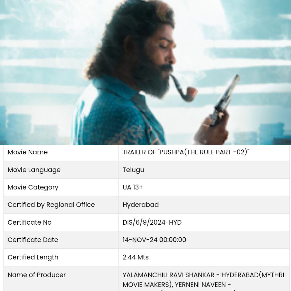 rajasekharaa's tweet image. UA 13+ with 2:44 min 

#Censor for #Pushpa2ThaRuleTrailer 

#Pushpa2TheRule 
#Pushpa2TheRuleOnDec5th