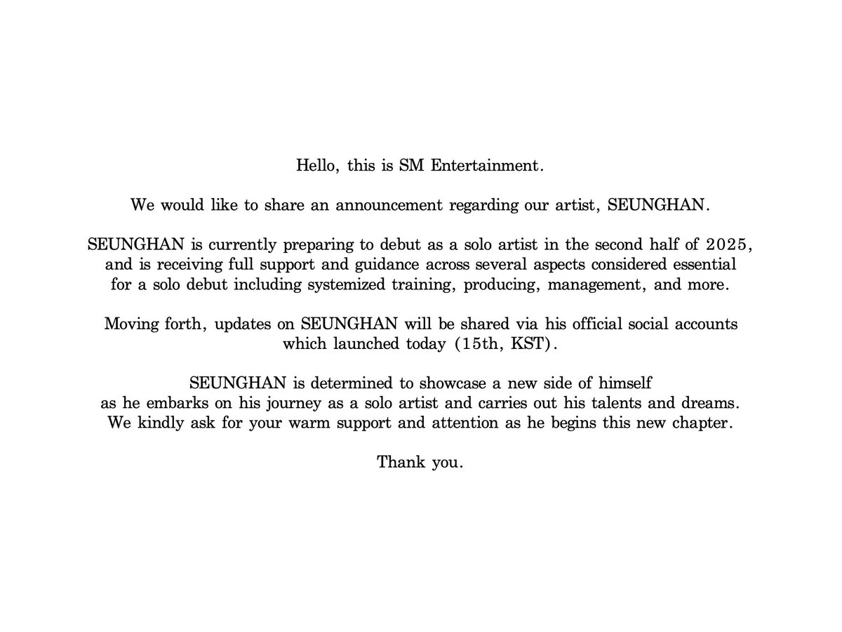 kchartsmaster's tweet image. SM Entertainment announces that SEUNGHAN is currently preparing to debut as a solo artist in the second half of 2025. 

Personal social media accounts will be launched today (15th, KST).