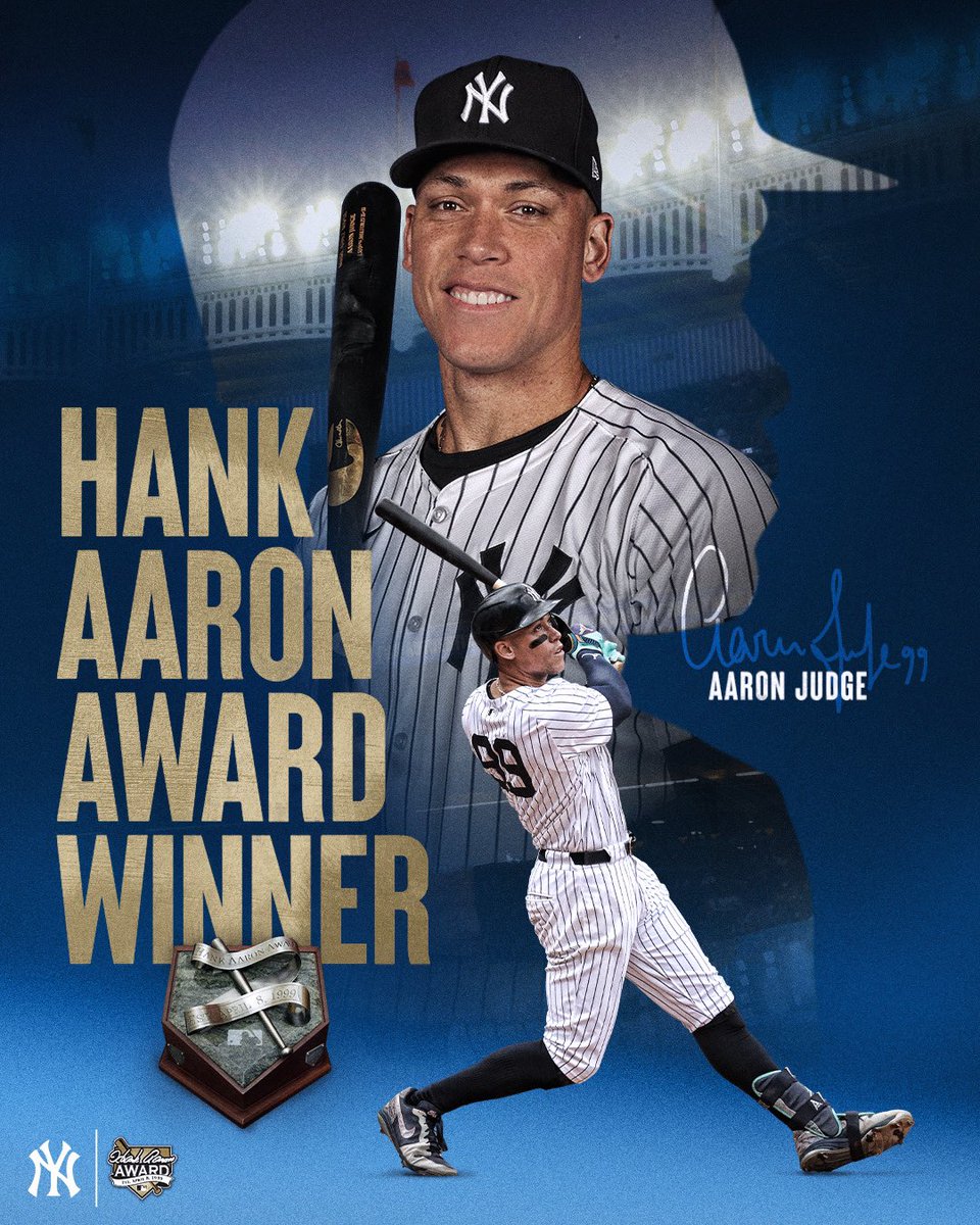 New York Yankees (@yankees) on Twitter photo Your 2024 American League Hank Aaron Award Winner: <a href="/TheJudge44/">Aaron Judge</a> 👏
Congratulations, Captain 🫡 Your 2024 American League Hank Aaron Award Winner: <a href="/TheJudge44/">Aaron Judge</a> 👏
Congratulations, Captain 🫡