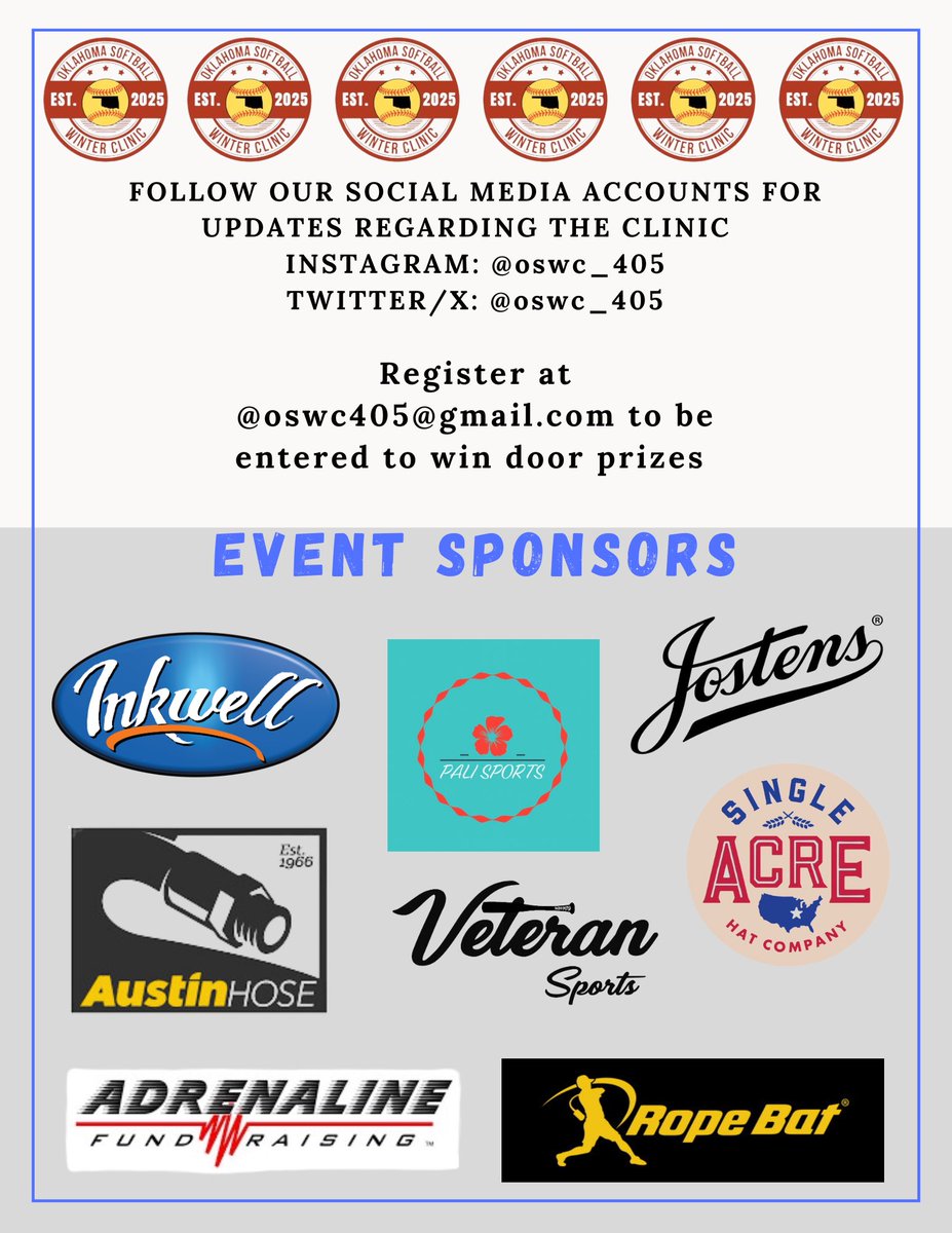 Oklahoma Softball Winter Clinic (@oswc_405) on Twitter photo Great opportunity you wonât want to miss!!! Get registered now @oswc405@gmail.com and follow along for any updates!!!!! Great opportunity you wonât want to miss!!! Get registered now @oswc405@gmail.com and follow along for any updates!!!!!