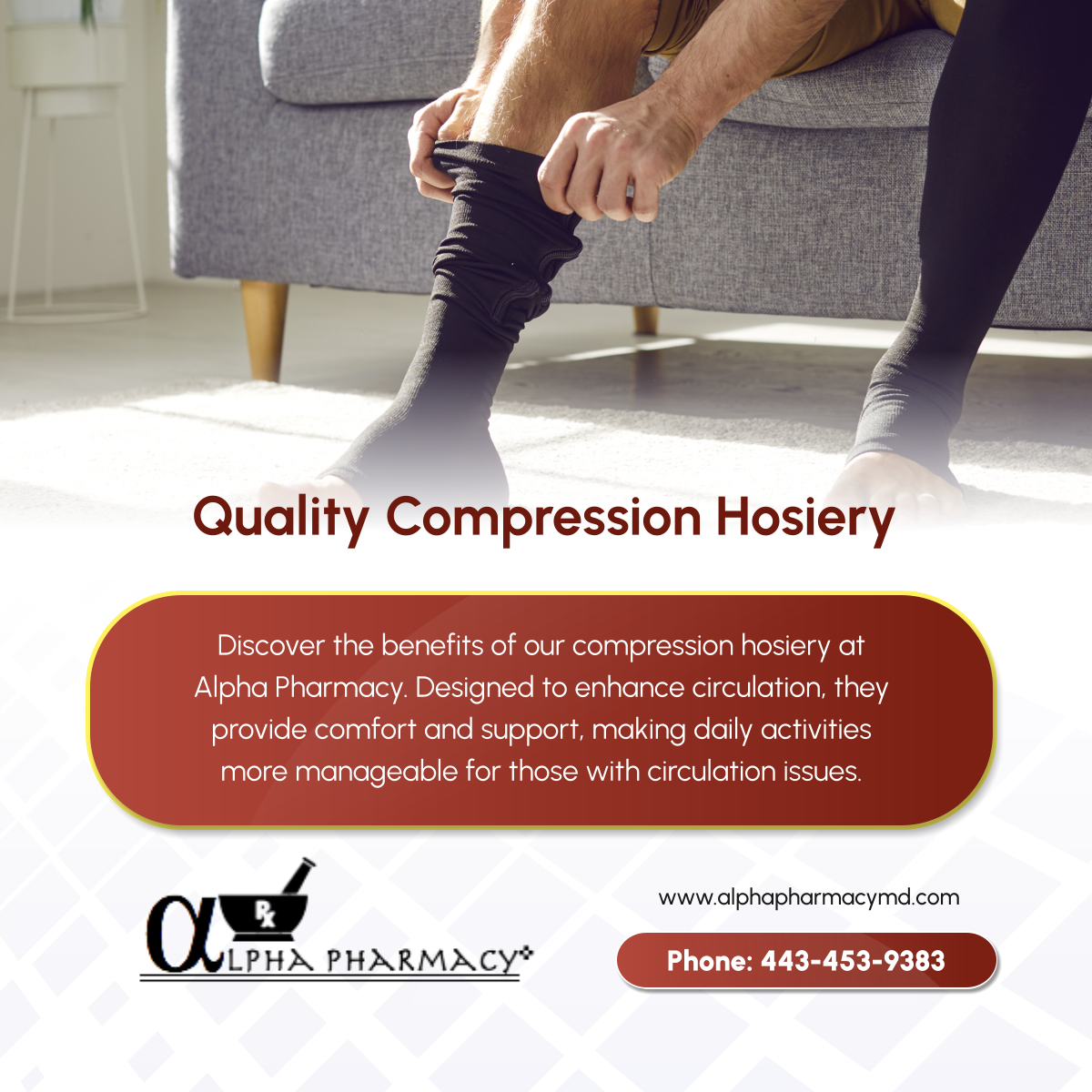 alpharx_md's tweet image. Improve your circulation and comfort with our quality compression hosiery. Alpha Pharmacy is dedicated to providing effective solutions for your health. Reach out to learn more about our products! 

#BaltimoreMD #Pharmacy #CompressionHosiery