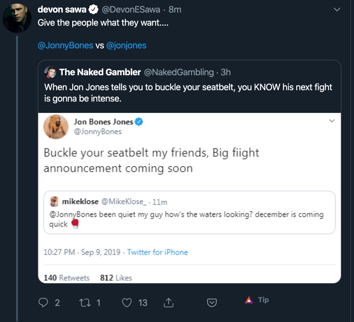 jonjones's tweet photo. bonus #wrongjonjones tweet featuring the great @DevonESawa, who's writing checks my taco-stuffed potato body can't cash. https://t.co/Ptga684Sms