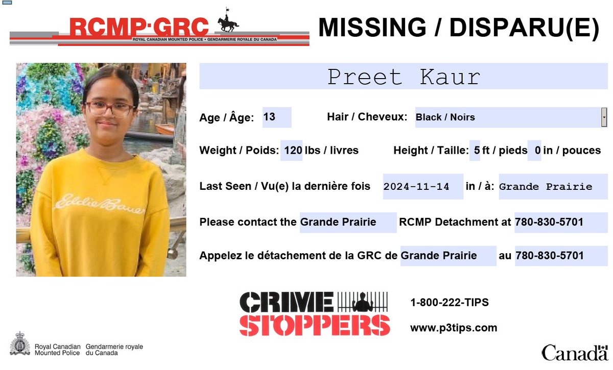 TSRGP's tweet image. Grande Prairie RCMP are seeking the public’s assistance in locating  missing 13-year-old Preet Kaur.  #gpab #countyofgp