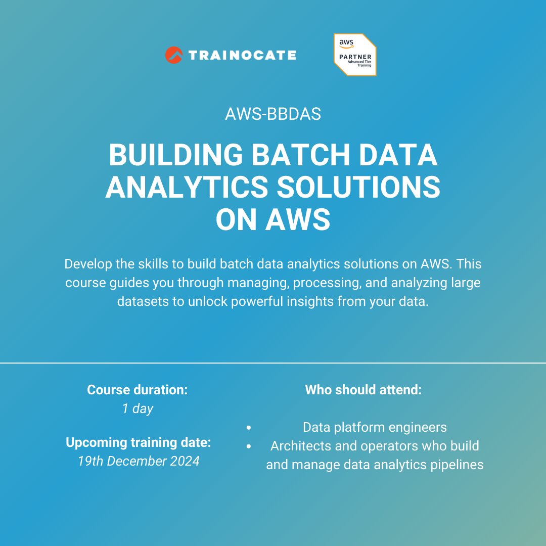 TrainocateM's tweet image. 💼 From data lakes to batch solutions—learn to build scalable analytics on AWS. Check out our hands-on courses to elevate your data skills:
1. bit.ly/3AFtrCV
2. bit.ly/4eAlZH4
3. bit.ly/3Z31LBl
4. bit.ly/4euwHPr
#AWSData #FutureReady