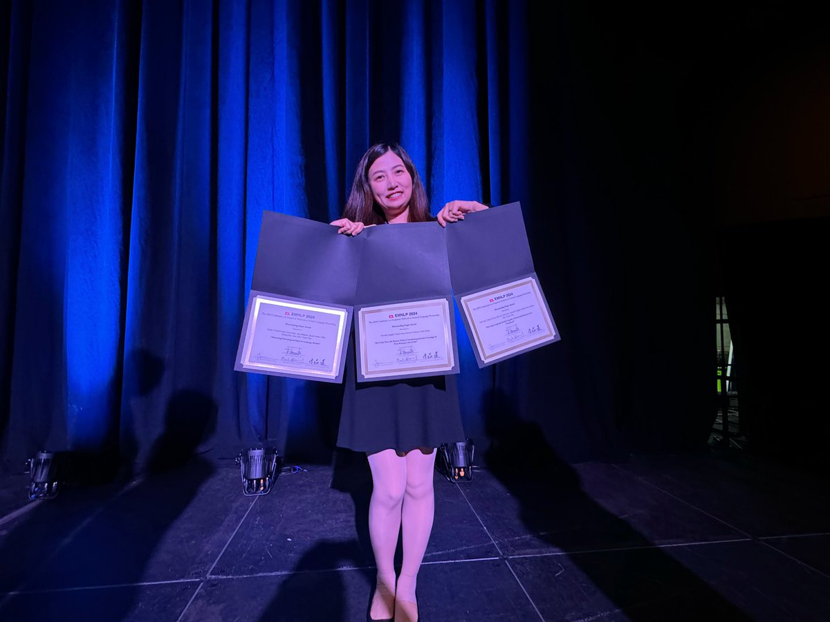 Thrilled, grateful, and humbled to have won 3 outstanding paper awards at #EMNLP2024!!! Not even in my wildest dreams. Immense thanks to my amazing students and collaborators! 
All three works are on evaluating LLM’ abilities in creative narrative generation. 🧵👇