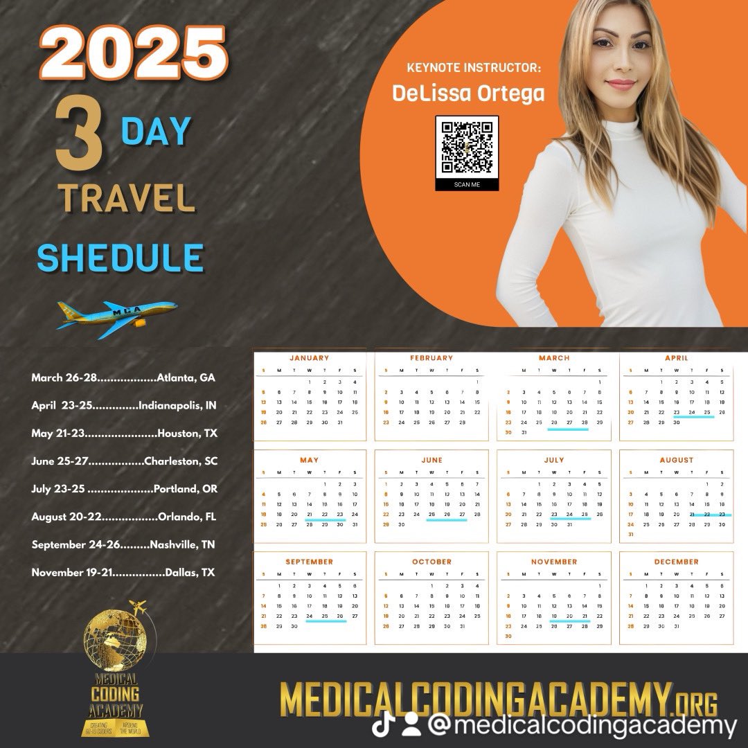 MedicalCodingAc's tweet image. Wow...it's the 2025 Travel Schedule!!
Check out all the NEW CITIES for 2025!
March 26-28..................Atlanta, GA
April 23-25..............Indianapolis, IN
May 21-23......................Houston, TX
June 25-27.................Charleston, SC
July 23-25…
