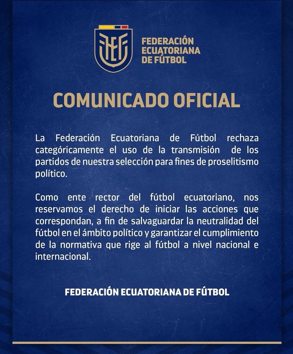 VARLINE_EC's tweet image. LA FEF RECHAZA EL USO DE LA TRANSMISIÓN CON FINES POLÍTICOS

La FEF rechazó en un comunicado el uso de la transmisión de la Selección Nacional con fines políticos luego que Luisa González, candidata presidencial por la RC5, apareciera en la previa del Ecuador-Bolivia.

#FEF #ECDF
