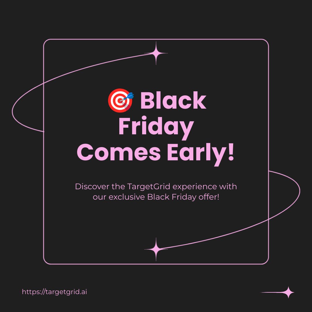 targetgrid's tweet photo. 🎯 Grab TargetGrid's Early Black Friday Deal! 🎯

Dive into the TargetGrid experience with our exclusive offer – snag a lifetime deal for just $99 at https://t.co/BbYPpczUqV

#BlackFriday #Sales #Outreach #Outbound https://t.co/5ZPKg2dVDO