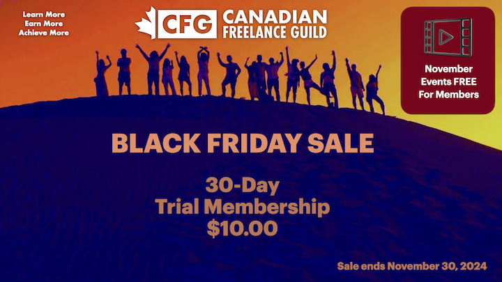 Black Friday Phenom meets the CFG. Click the link for further details. There's no time like the present.
canadianfreelanceguild.ca/en/page/post-c…