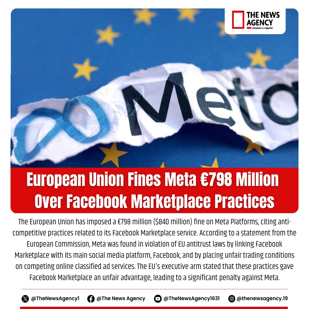 TheNewsAgency1's tweet image. #EUvsBigTech #MetaFine #Meta #FacebookMarketplace #EURegulation #BigTechAccountability #FairTrade #CompetitionLaw #Penalty #MarketAbuse #TechRegulation #Facebook #Instagram 

@Meta @facebook @EU_Commission @EUCouncil