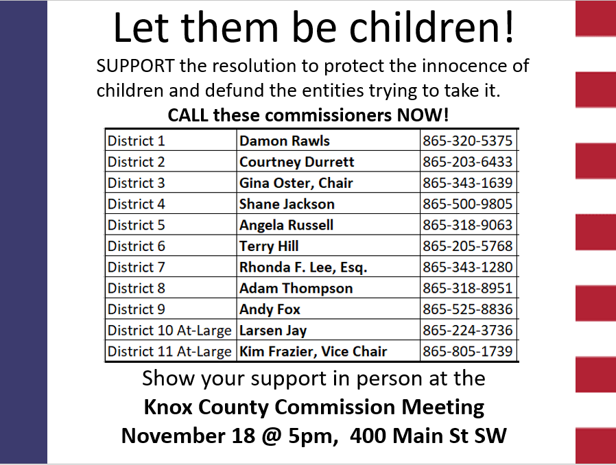 knoxforliberty's tweet photo. We need all hands on deck! Please call your county commissioner and ask them to support the resolution to protect children. Then, show up for the commission meeting on November 18. No more tax dollars spent on this trash. #protectchildrennotporn https://t.co/C5vWvInCQd