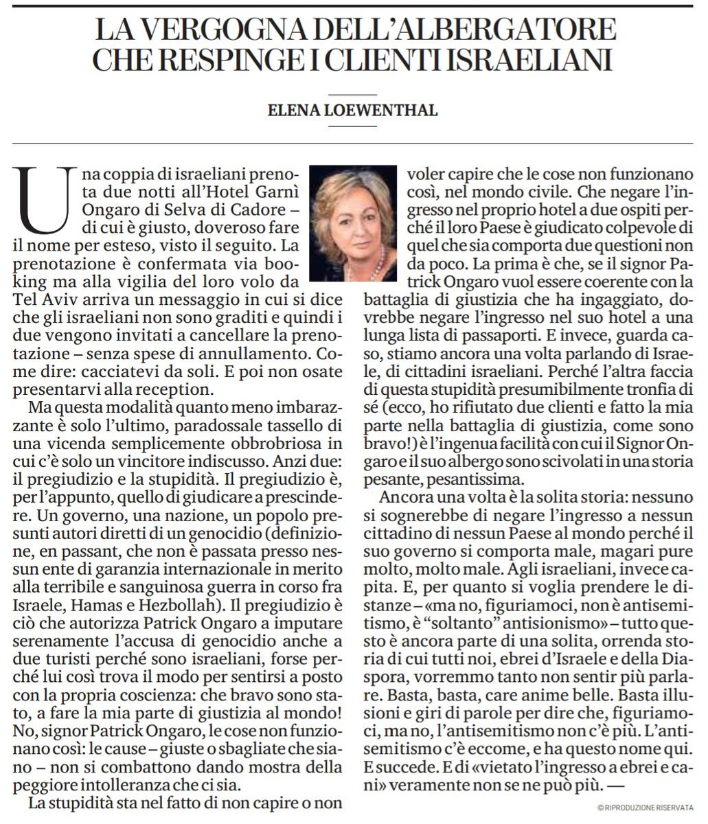 "Basta, basta, care anime belle. Basta illusioni e giri di parole per dire che, figuriamoci, ma no, l’antisemitismo non c’è più. L’antisemitismo c’è eccome, e ha questo nome qui...
E di «vietato l’ingresso a ebrei e cani» veramente non se ne può più".
Elena Loewenthal su LaStampa