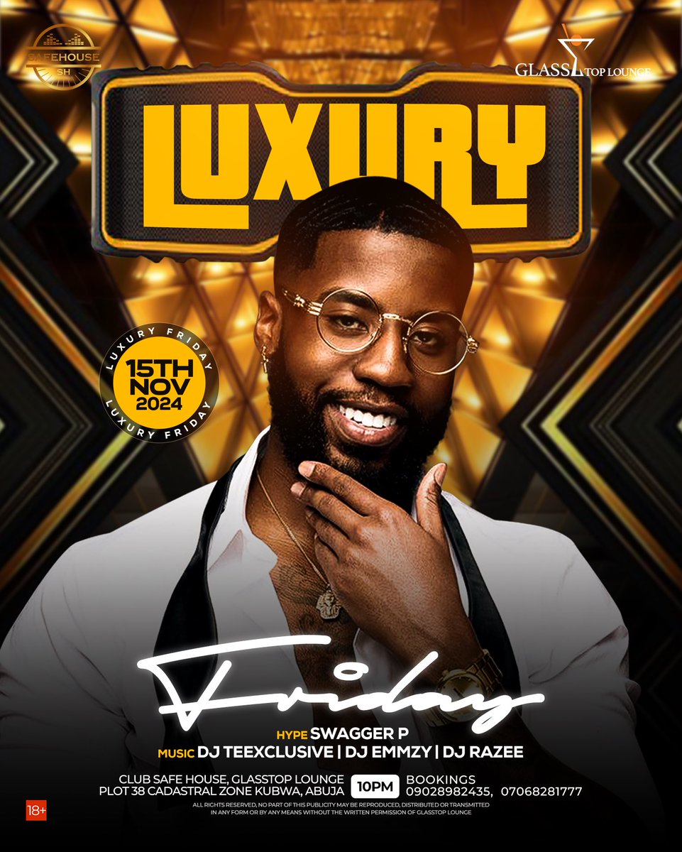 The ultimate luxury experience this Friday at @safehouse_abj inside! 🌟 Join us for a night of elegance, exquisite cocktails, and unforgettable vibes. Let’s toast to the weekend in style! 🥂💎 
GLASSTOP LOUNGE 
#LuxuryFriday #SafeHouseAbj #GlasstopLounge #abujanights