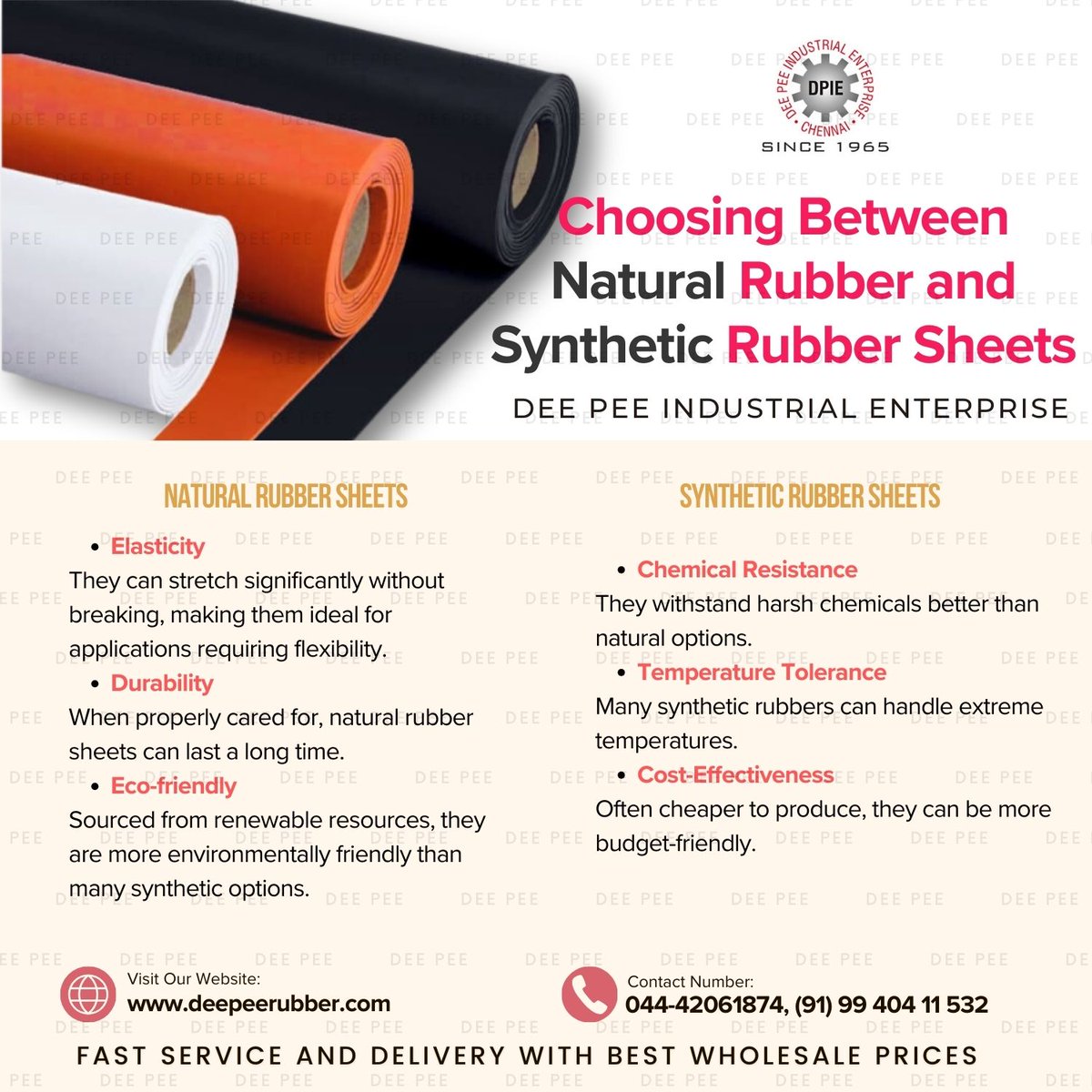 deepeerubber's tweet image. 🛠️ Natural Rubber vs. Synthetic Rubber Sheets: Which is Right for Your Needs? 

Click below to explore their unique properties, applications, and benefits! 

👉 Read More deepeerubber.com/blog/choosing-…

🌍 #DeePeeIndustrialEnterprise #RubberSolutions #NaturalRubber #SyntheticRubber