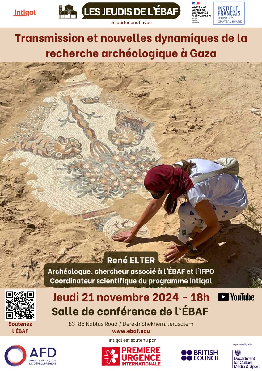🎤 Nouveau Jeudi de l'ÉBAF !

🗓 Jeudi 21 novembre 2024 à 18h.

🗣 René ELTER, archéologue-chercheur associé à l'ÉBAF.

🔎 Transmission et nouvelles dynamiques de la recherche archéologique à Gaza.