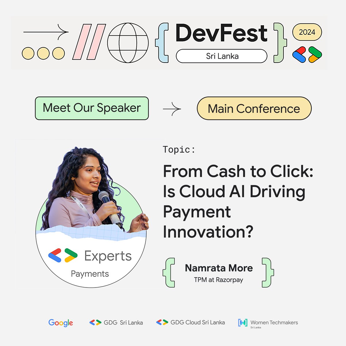 Speaker Spotlight!

Join Namrata More, TPM at Razorpay &amp; Google Developer Expert for Payments, at DevFest Sri Lanka 2024!

#DevFest #DevFestLK2024 #DevFestSL2024 #GoogleForDevelopers #GDGSriLanka #GDGLK #GDGCloudLK #WTMLK