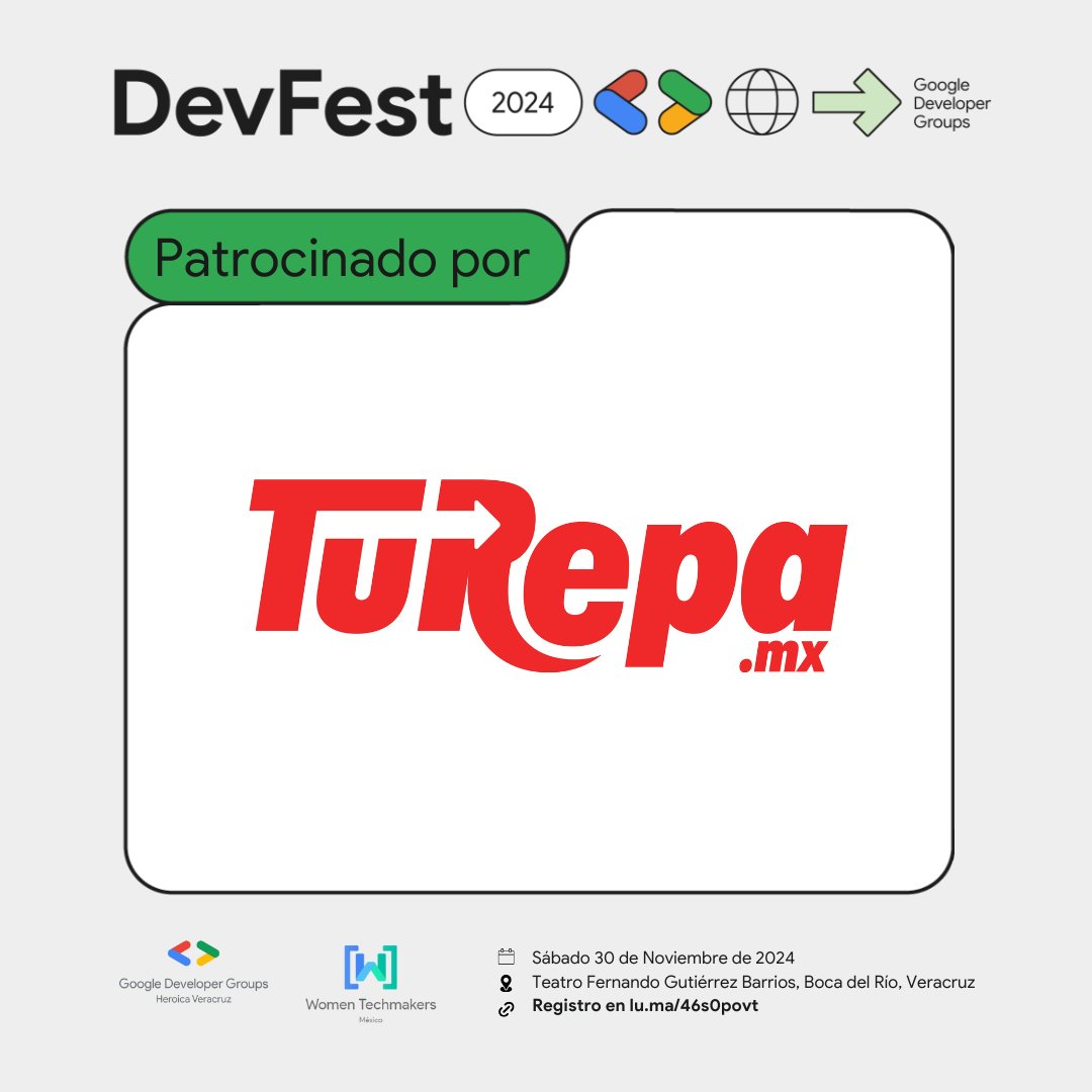 NotionMexico's tweet photo. #DevFestVeracruz es posible gracias al esfuerzo y apoyo de #TuRepa (https://t.co/T4R0oBXlvV) . Agradecemos su confianza para realizar las actividades para la comunidad tech en Veracruz.✨
🔗Regístrate gratis en https://t.co/QBMqBx9ZH6
#DevFest #Googledevelopers #WomenTechmakers https://t.co/kpayMR5bX5