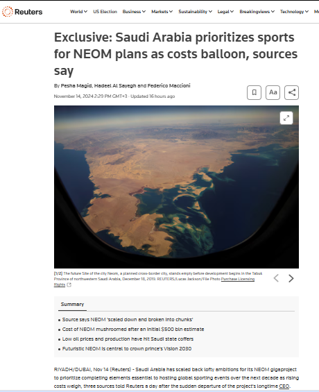 رويترز:
شركة نيوم ستعطي الأولوية في التنفيذ, للمشاريع المتعلقة بالرياضة و الفعاليات على حساب أجزاء آخرى من المشروع.

- استاد نيوم (استضافة نهائي كأس العالم 2034)
- تروجينا 2029

تقول رويترز:
وفق ثلاث مصادر مقربة أن مشروع نيوم "تم تقليصه وتقسيمه إلى أجزاء" لإعطاء الأولوية لاستكمال