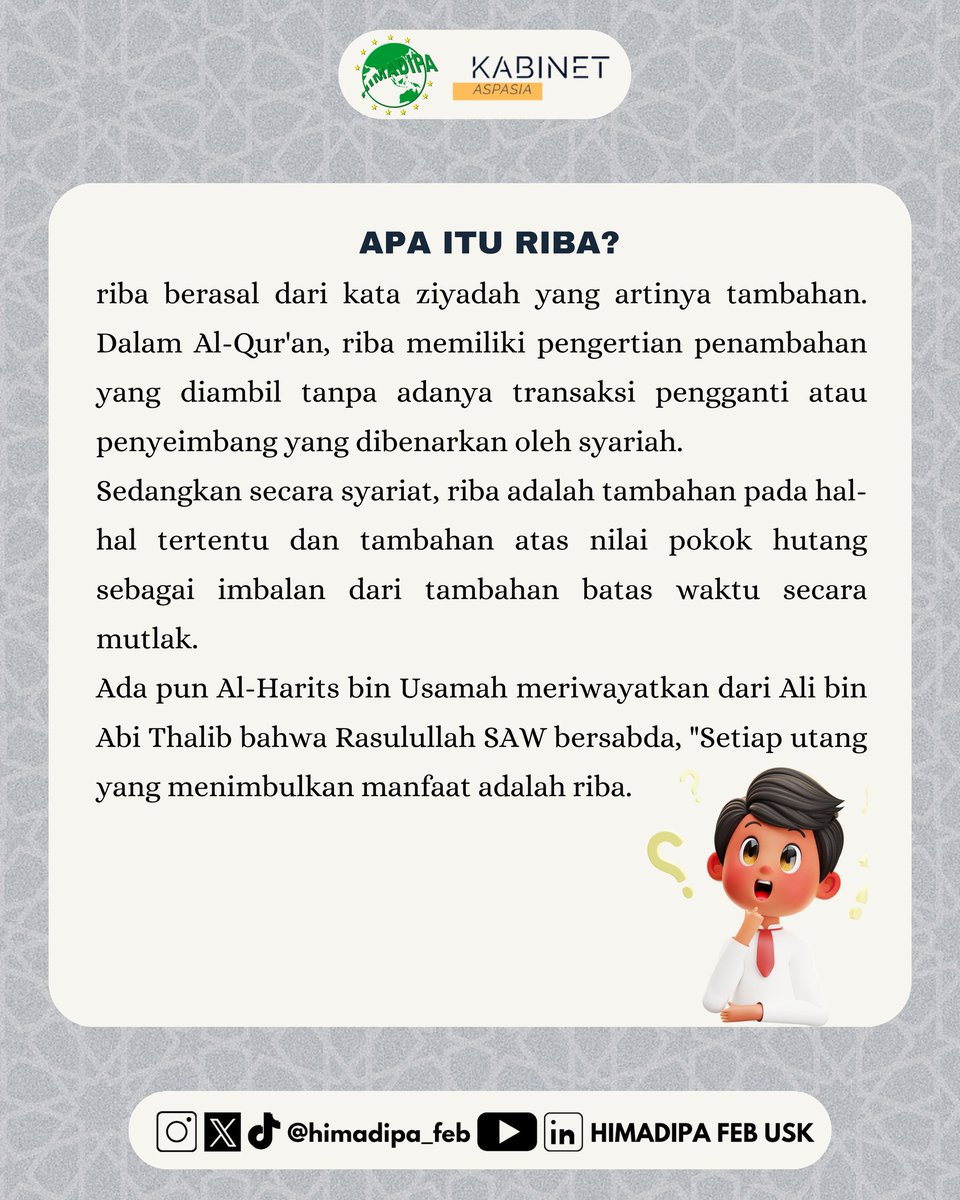 Himadipa_FEB's tweet photo. [ICE Vol.49]
Berikut Islamic Content Education (ICE), mengenai “Riba”
Semoga bermanfaat 🙌🏻

#IslamicContentEducation #KabinetAspasia #HIMADIPAFEBUSK https://t.co/klAqL1gvv7