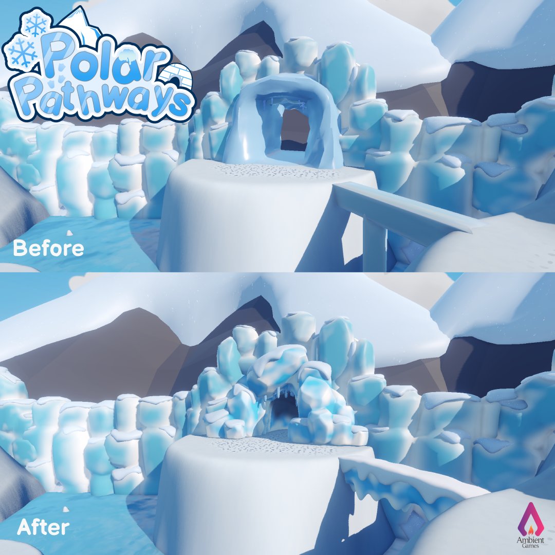 ambientgamesaus's tweet photo. We've made so many changes to our demo since showcasing it at Steam Next Fest! 🐧

We've been busy playtesting and polishing our levels. 🎮

Here's a before and after of our level 1 ice cave entrance and bridge! ❄️

#indiegamedev #3DArt #gamedev #snowvillage https://t.co/CAjjwEuSbe