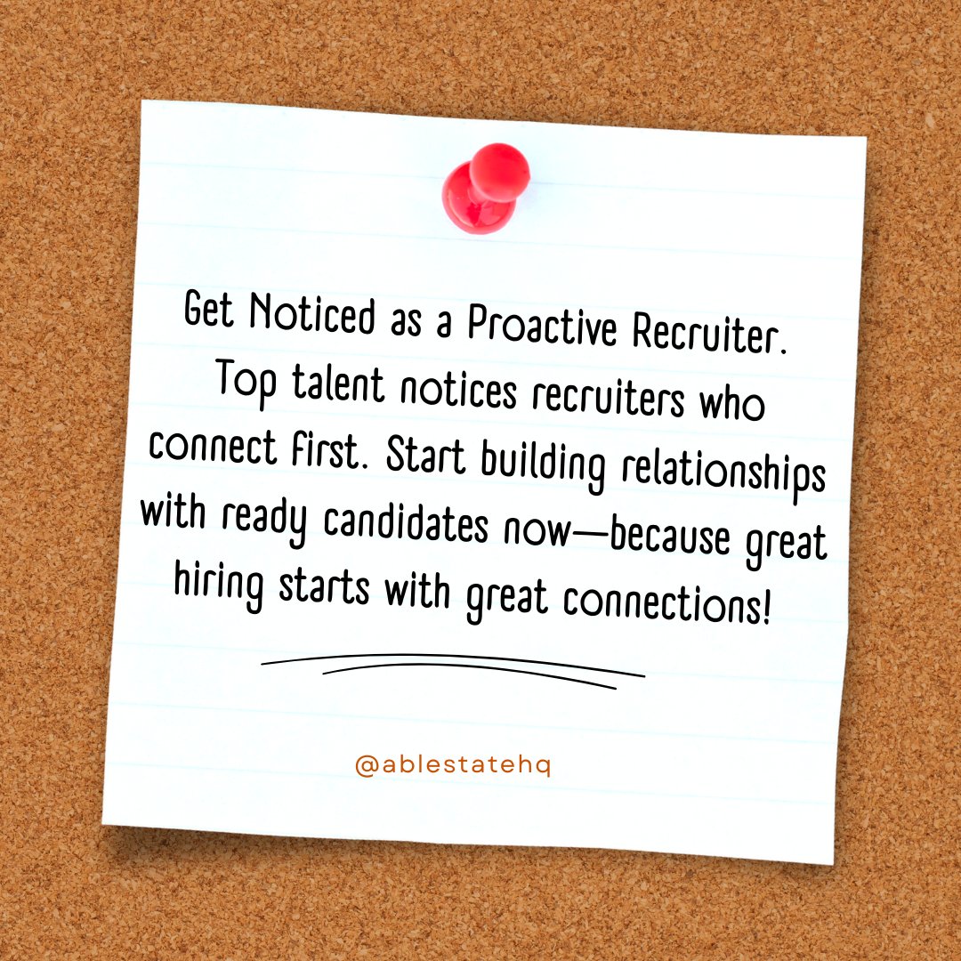 ablestateafrica's tweet image. Get Noticed as a Proactive Recruiter.  

Are you among the proactive 70% of recruiters building talent pipelines before openings arise?  Top talent notices recruiters who connect first. 
Start building relationships with ready candidates now.  
#ProactiveRecruiting #recruitertips