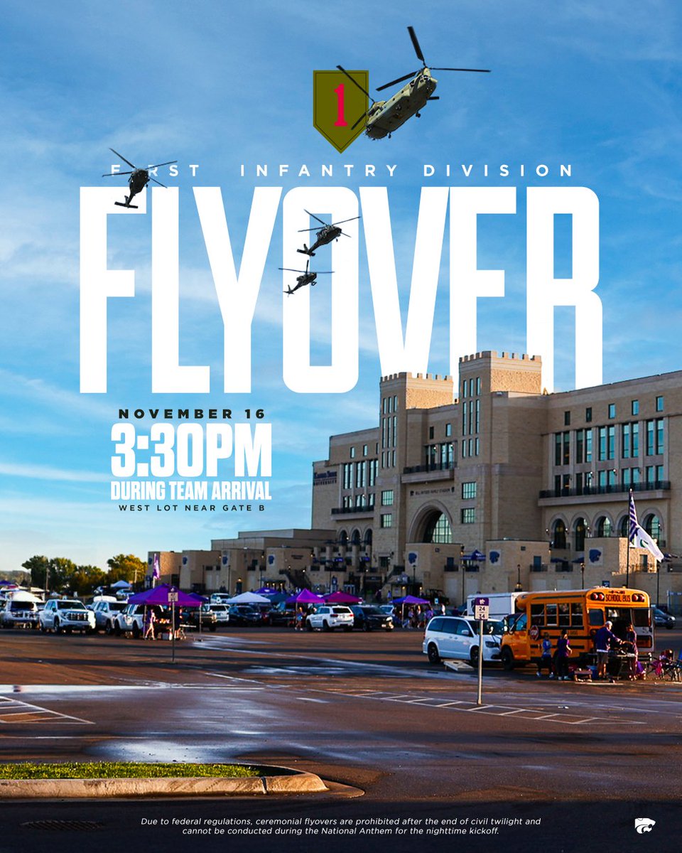 kstatesports's tweet photo. FORT RILEY DAY FLYOVER

Don't miss tomorrow's team arrival and special @FightingFirst flyover in the West Parking Lot outside Gate B at 3:30PM. 

See you at The Bill! #FortRileyDay https://t.co/Nt6MmjayVE