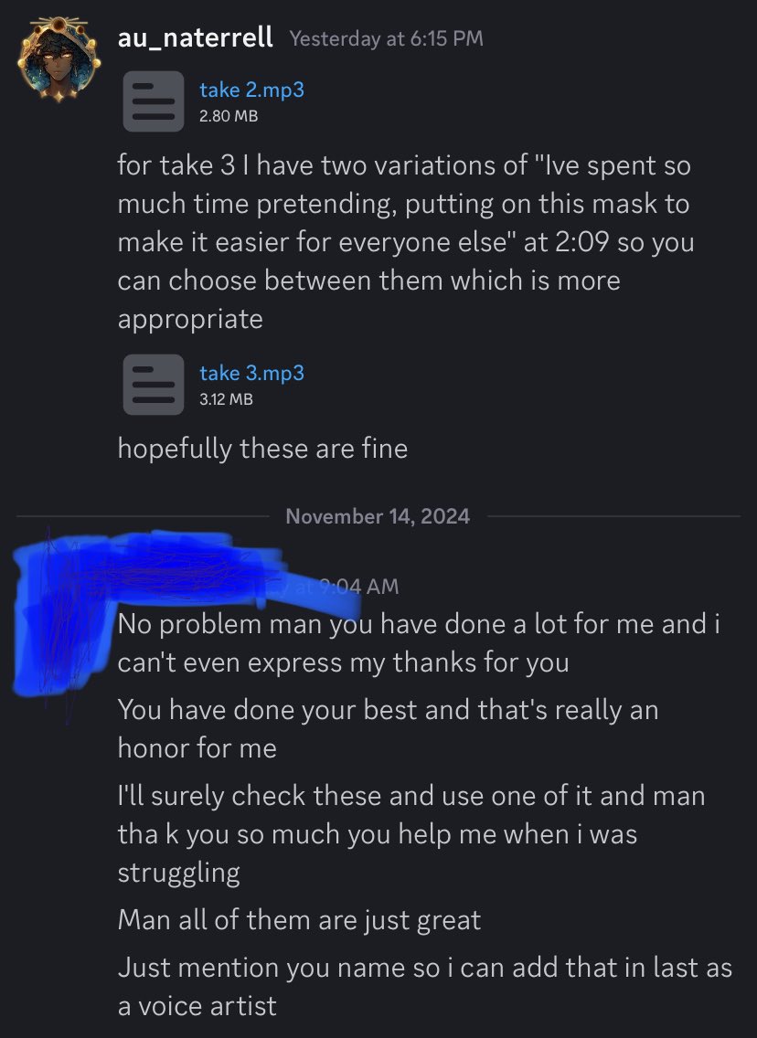 Terrell_Manson's tweet photo. I just realized I never post any of my #voiceacting stuff (mostly because I haven't done a bunch of it lately😂 but here's this I guess! I Guess his reaction means my acting is getting better!😭🥹 https://t.co/7jqwCuj9BP