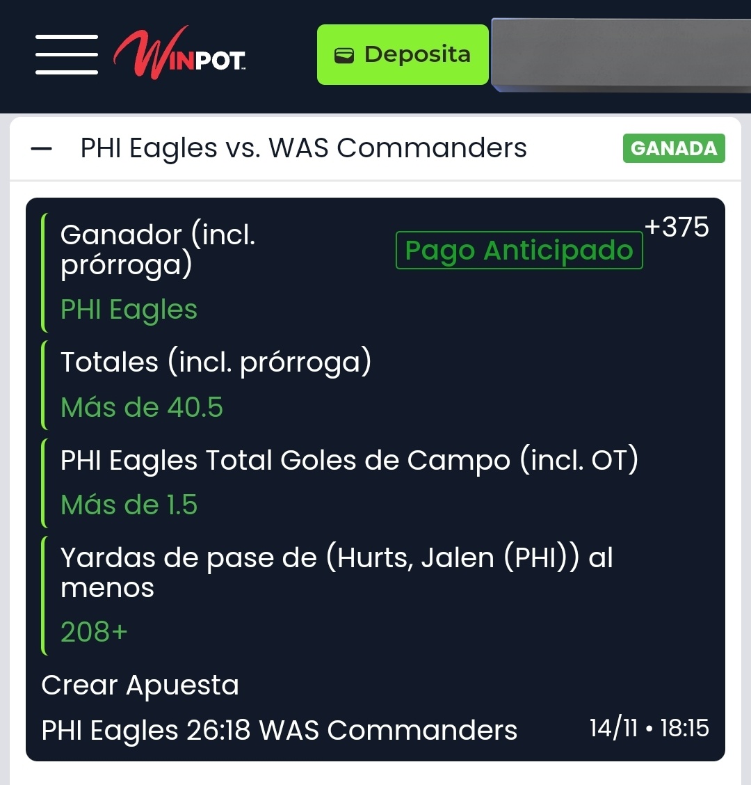 SE PRENDIÓ EL CERRO 🔥🔥🔥🔥 !!!

EL REY DE LA #NFL LO VOLVIÓ A HACER 👑🏈 !!

Ganamos fácilmente mi Apuesta que les compartí Gratis por aquí Chingones ✅️ !!

10-1 en Thursday Night esta Temporada ✅️🔥 !!

Además también Ganamos el Crear Apuesta enviado en mi Grupo Parlays