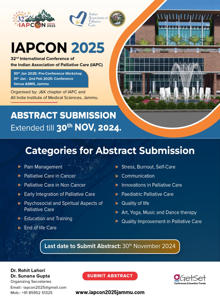 Submit #abstracts of your work in #palliativecare before 30 November, to showcase your work &amp; stand a chance to win interesting prizes!

Further info: iapcon2025jammu.com

Join us at IAPCON2025, an academic fiesta which celebrates innovation &amp; excellence in palliative care!