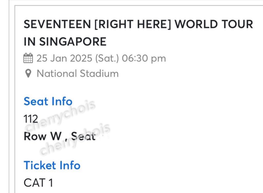 cherrycheoIie's tweet photo. wts seventeen right here in singapore sg svt 
25 Jan Saturday Day 1
Cat 1 112 x1 
physical ticket

#SVT_RIGHT_HERE_WORLDTOUR #SVT_RIGHT_HERE_IN_ASIA #SVT_RIGHT_HERE_IN_SINGAPORE #SVTINSG https://t.co/8H5F7B6sGL