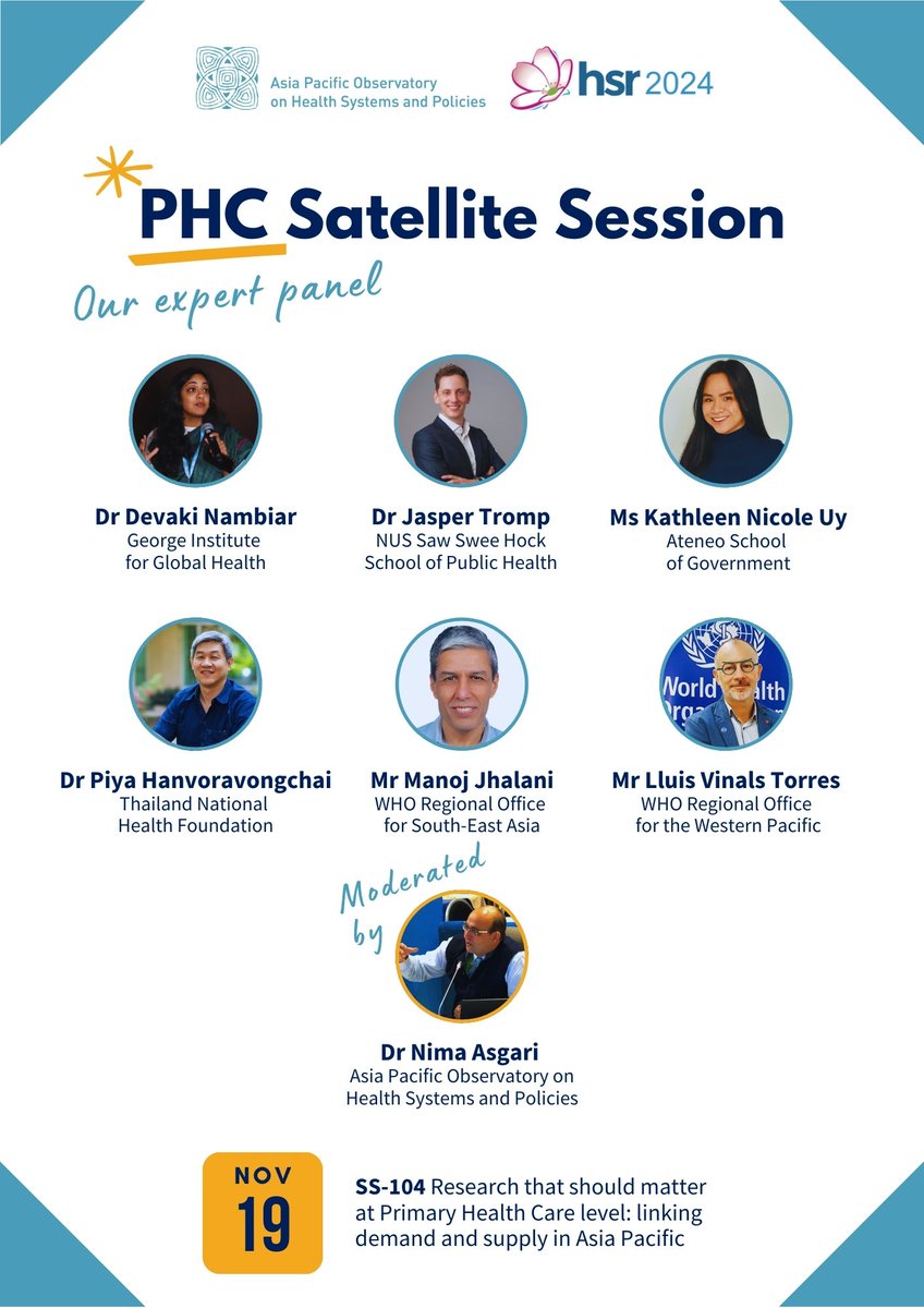 📢 Join #APO on 19 November (8AM - 12:30PM) at #HSR2024 in Nagasaki!

We're hosting the #PHC Satellite Session (SS-104), featuring an expert panel that will explore "Research that should matter at the Primary Health Care level: linking demand and supply in Asia Pacific."

🎙Our