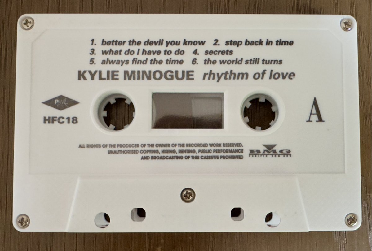 spjury's tweet image. #NewArrival #KylieMinogue Rhythm of Love 1990 Malaysian cassette. In amazing condition for its age - the cassette looks barely played. Great to have this added to my #KylieCollection