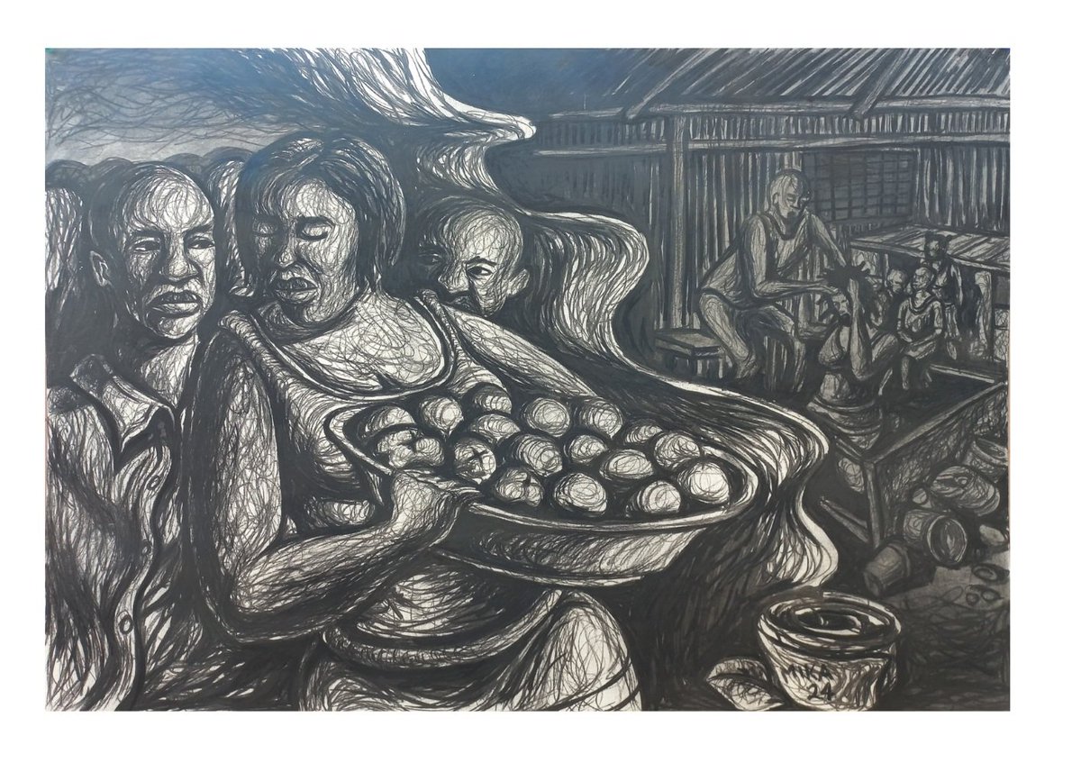 .
Series:Stepping Into Artistry
Title: Her Reality
Medium: Charcoal on paper

Artwork addressing the reality of most women who live double lives in order to  atleast feel normal
Showing how she is abused at home, but during the day she serves the nation and acts like all is well