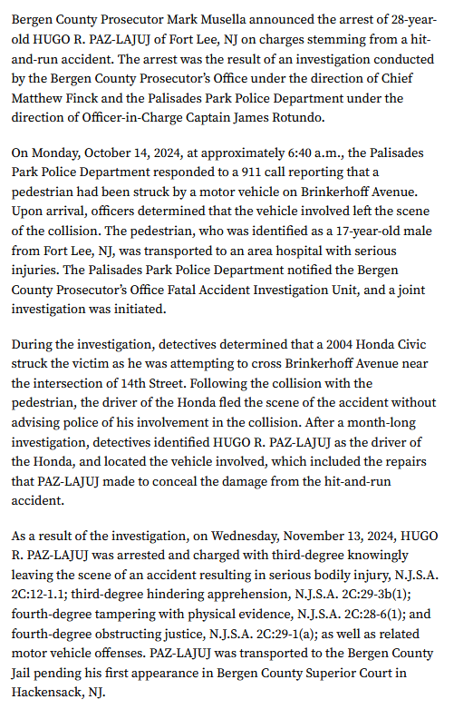 ImmigrantCrimes's tweet photo. 🚨 Bergen County, NJ: On Wednesday, Hugo Rene Paz-Lajuj was arrested for Knowingly Leaving the Scene of an Accident Resulting in Serious Bodily Injury and more.

He has an immigration detainer hold.

Paz-Lajuj,a Guatemalan national, is accused of striking a 17-year-old male pedestrian, causing serious injuries, and leaving the scene after the accident.